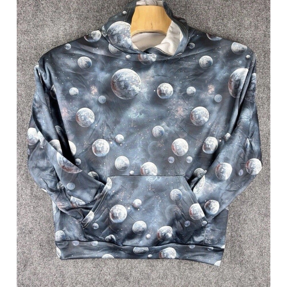 Galaxy Planets Hoodie Mens L Pullover Moon Space Print Pocket Polyester